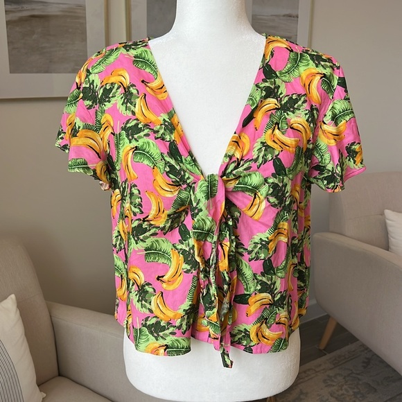 BuddyLove Banana Havana Tie Front V-Neck Flutter Sleeve Button Up Top Small - Picture 3 of 17